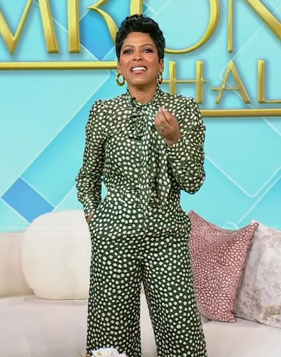Tamron’s green polka dot tie neck top and pants on Tamron Hall Show
