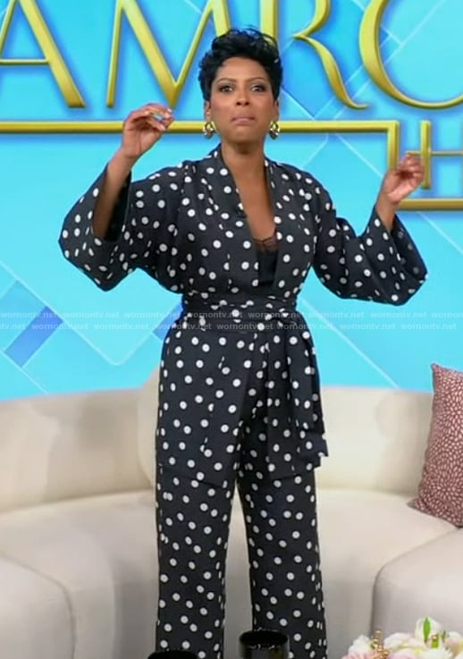 Tamron’s black polka dot print jacket on Tamron Hall Show