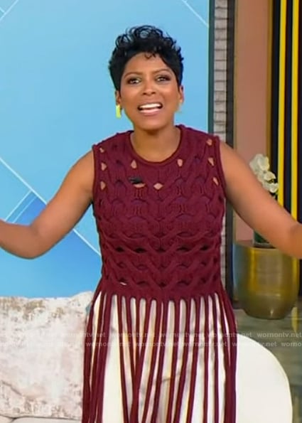Tamron’s burgundy crochet knit top on Tamron Hall Show