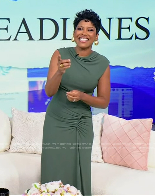 Tamron’s sage ruched front dress on Tamron Hall Show