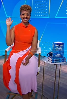 Tara Roberts’s red colorblock midi dress on Good Morning America