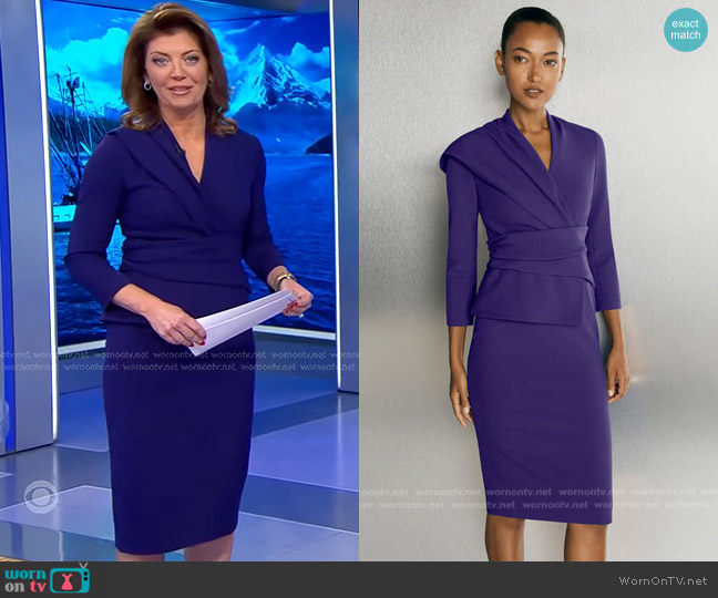 The Fold Adelaide Dress Dark Violet Stretch Tailoring in Dark Violet worn by Norah O'Donnell on CBS Evening News