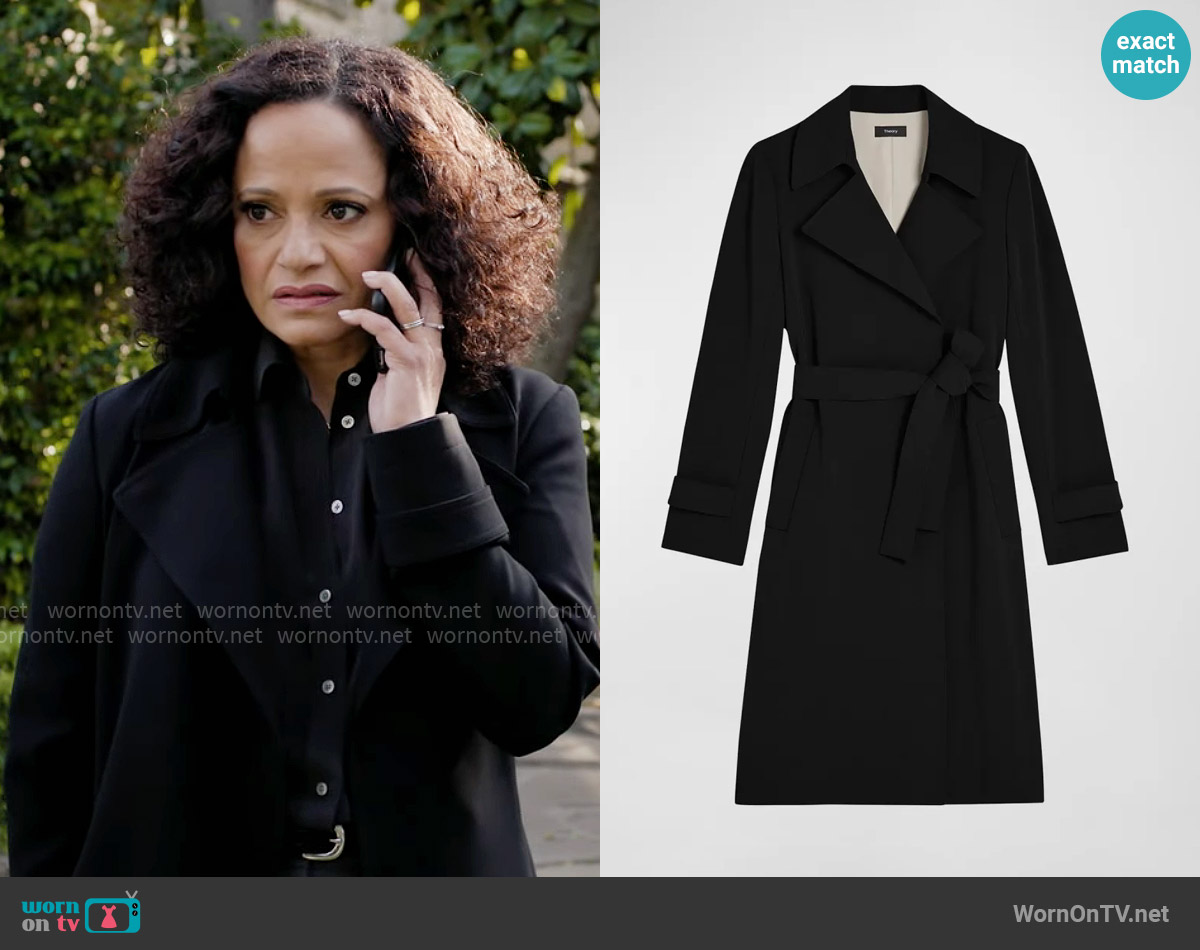Theory Oaklane Trench worn by Selena (Judy Reyes) on High Potential