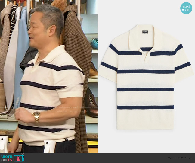 Todd Snyder Boucle Stripe Polo in Bisque worn by Danny Seo on The Drew Barrymore Show