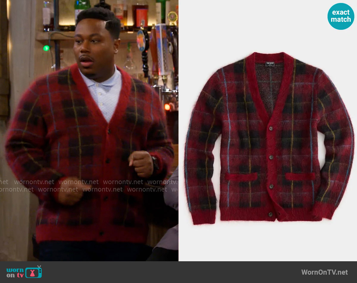 Todd Snyder Check Mohair Cardigan in Barn Red worn by Marty (Marcel Spears) on The Neighborhood
