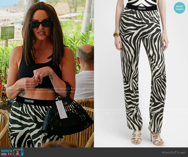 Tom Ford Zebra Print Stretch Silk Satin Pajama Pants worn by Whitney Rose on The Real Housewives of Salt Lake City