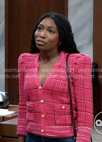 Trina’s pink v-neck cardigan on General Hospital