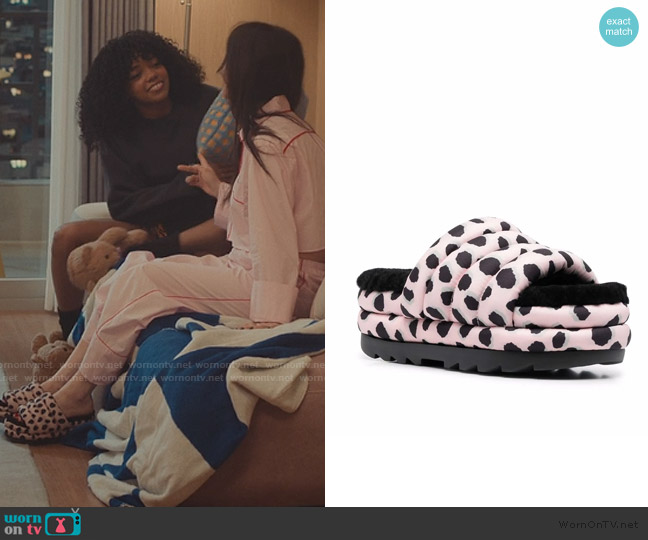 Ugg Puft cheetah-print slides worn by Yuri Han (Gia Kim) on XO Kitty