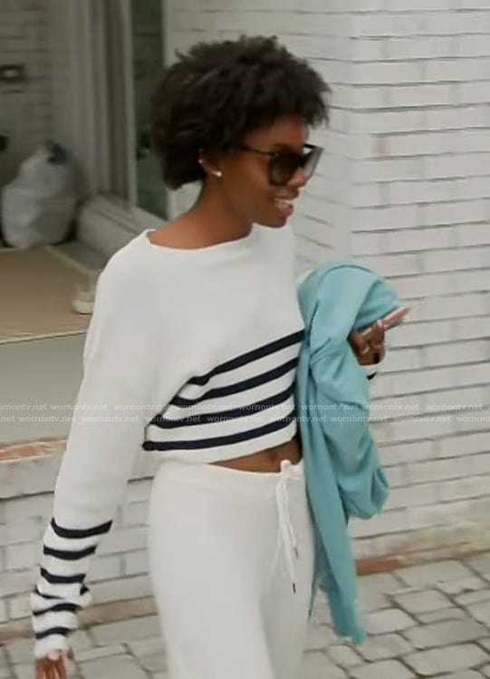 Venita’s white stripe trim sweater and pants on Southern Charm
