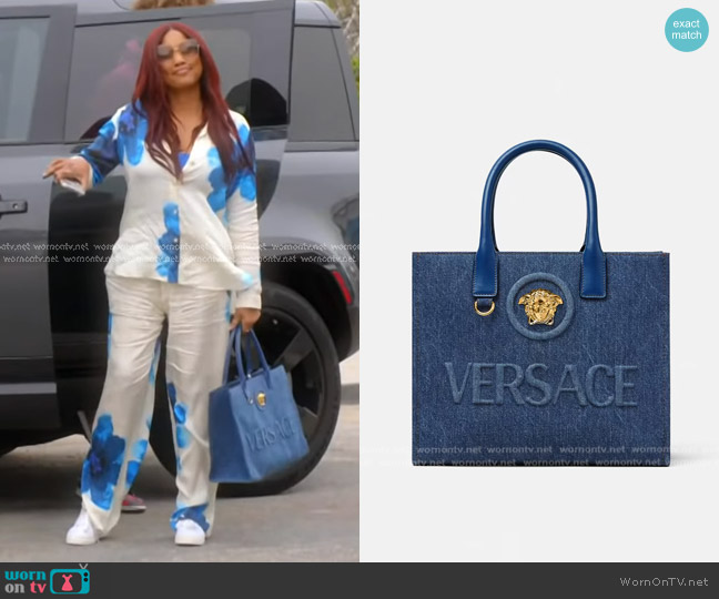 Versace La Medusa Denim Tote Bag worn by Garcelle Beauvais on The Real Housewives of Beverly Hills