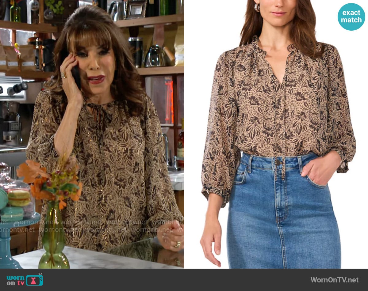 Vince Camuto Printed Split-Neck Raglan-Sleeve Top worn by Esther Valentine (Kate Linder) on The Young and the Restless