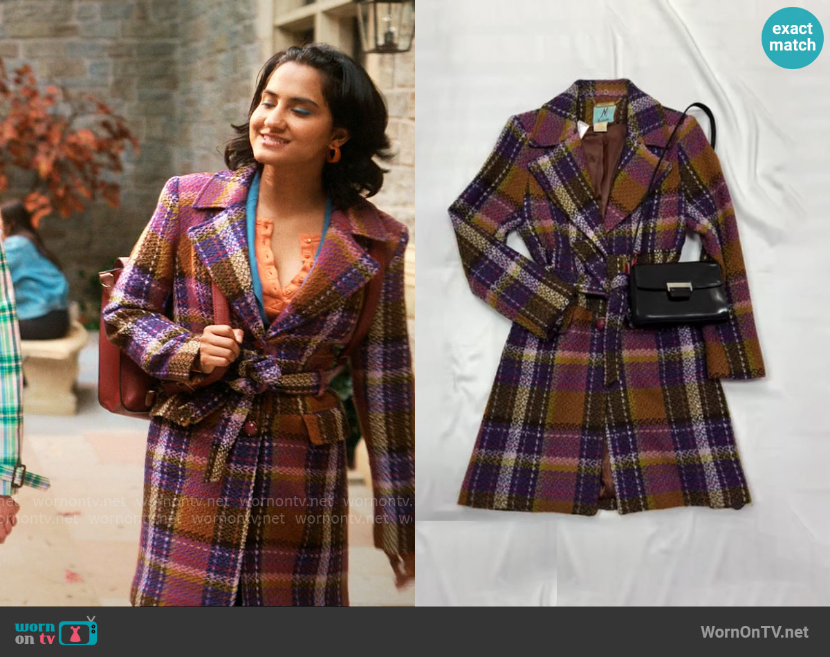 Vintage Plaid Coat worn by Bela Malhotra (Amrit Kaur) on The Sex Lives of College Girls