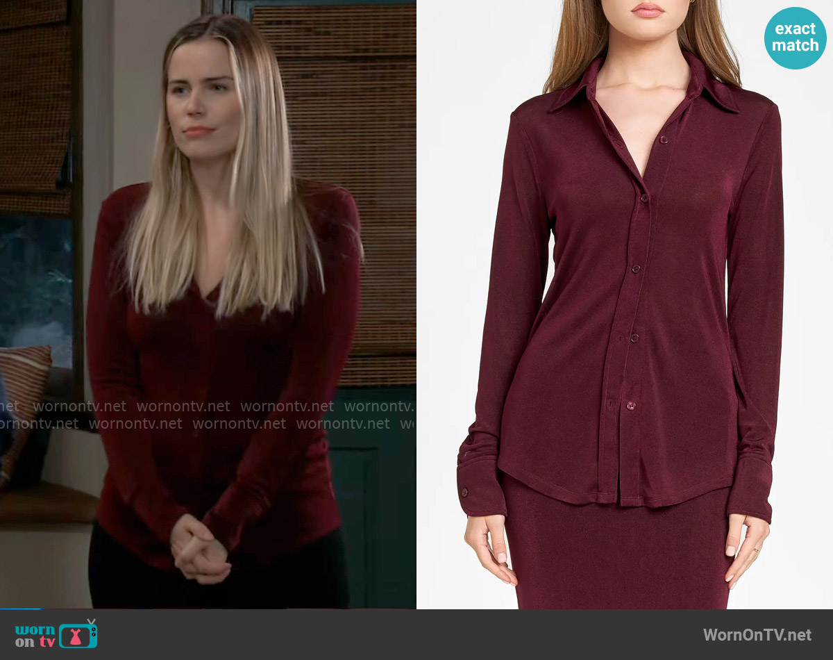WAYF Knit Button-Up Shirt in Aubergine worn by Sasha Gilmore (Sofia Mattsson) on General Hospital