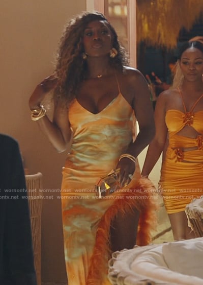Wendy’s orange feather trim dress on The Real Housewives of Potomac