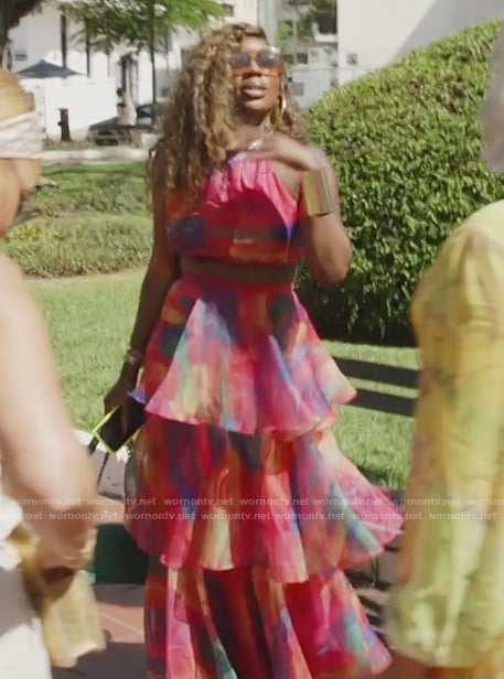 Wendy’s pink printed tiered dress on The Real Housewives of Potomac