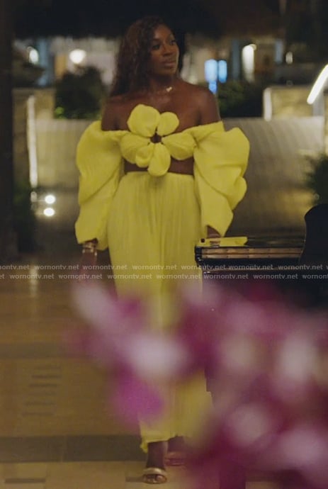 Wendy’s yellow floral applique top and skirt on The Real Housewives of Potomac