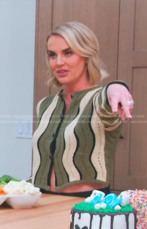 Whitney’s green and white wavy stripe cardigan on The Real Housewives of Salt Lake City