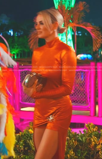 Whitney’s metallic orange asymmetric dress on The Real Housewives of Salt Lake City