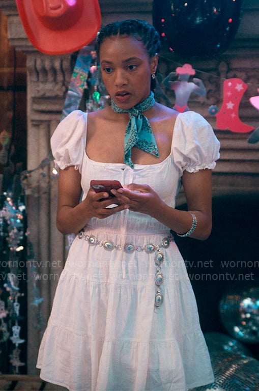 Whitney’s white milkmaid dress on The Sex Lives of College Girls