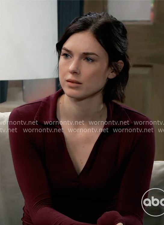 Willow’s burgundy collared top on General Hospital