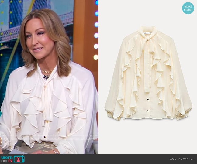 Zara Ruffled Romantic Blouse in Ecru worn by Lara Spencer on Good Morning America