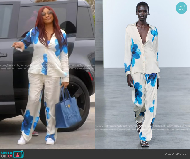 Zara Flowing Printed Shirt in Ecru / Blue worn by Garcelle Beauvais on The Real Housewives of Beverly Hills