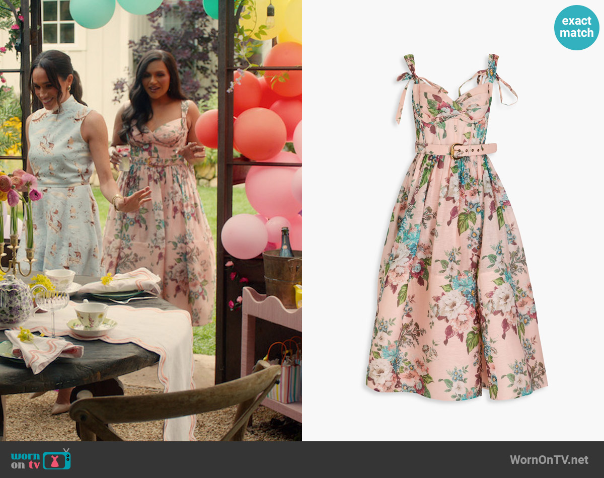 Zimmermann Floral-print linen and silk-blend gauze midi dress worn by Mindy Kaling on With Love Meghan
