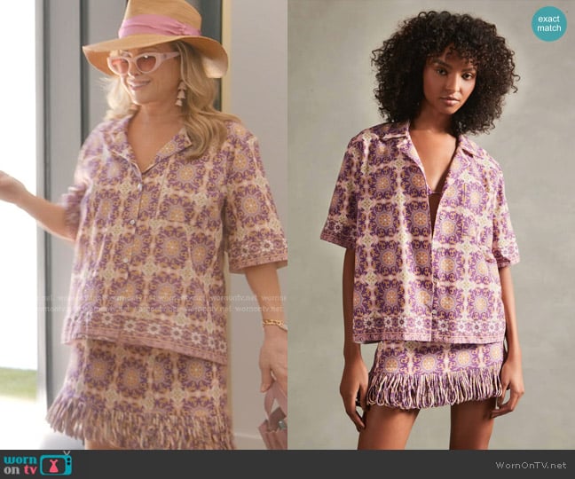 Adriana Degreas Exotic Coral Short Sleeved Shirt worn by Kathy Hilton on The Real Housewives of Beverly Hills