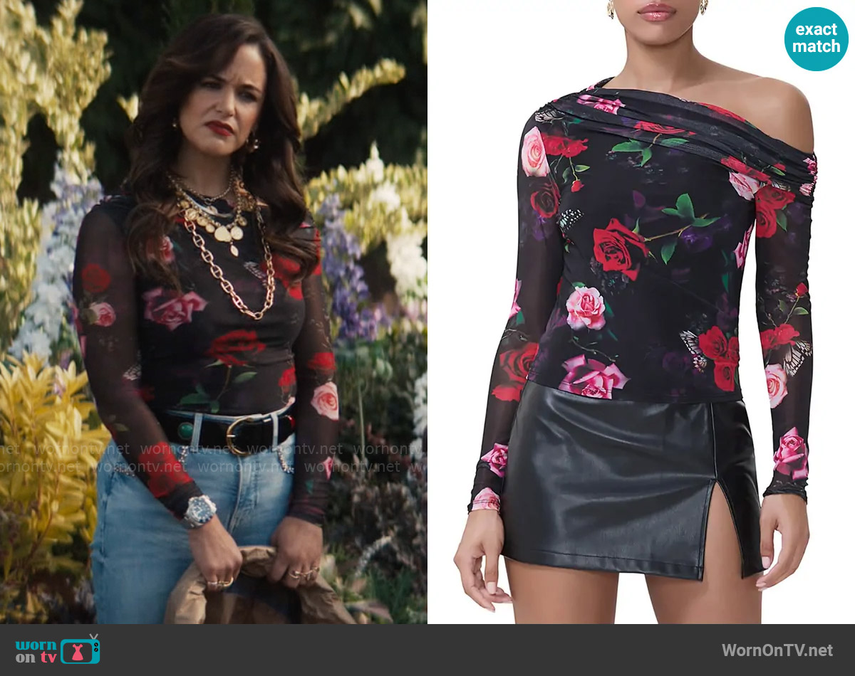 AFRM Barry One-Shoulder Mesh Top in Mixed Rose worn by Birdie (Melissa Fumero) on Grosse Pointe Garden Society