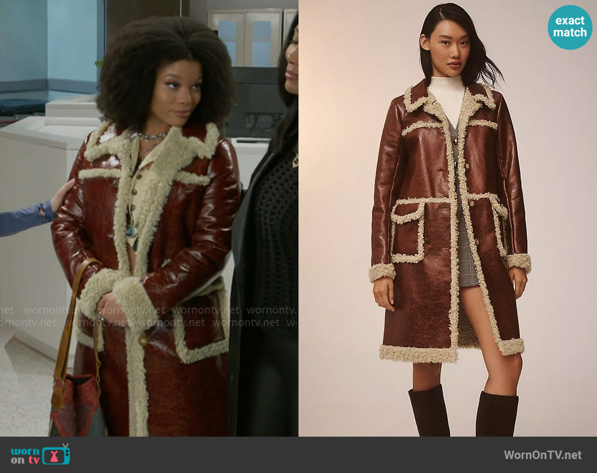 Anna Sui Sherpa-Trim Faux-Leather Coat worn by Eva Thomas (Ambyr Michelle) on Beyond the Gates