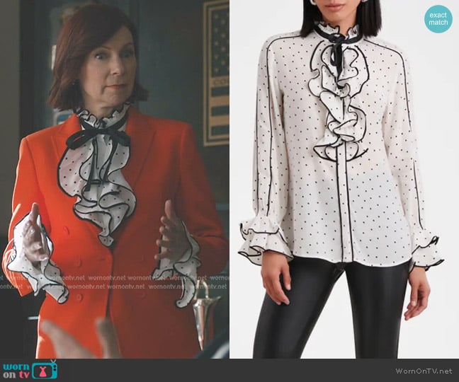 Anne Fontaine Jane Geometric-Print Ruffle Blouse worn by Elsbeth Tascioni (Carrie Preston) on Elsbeth