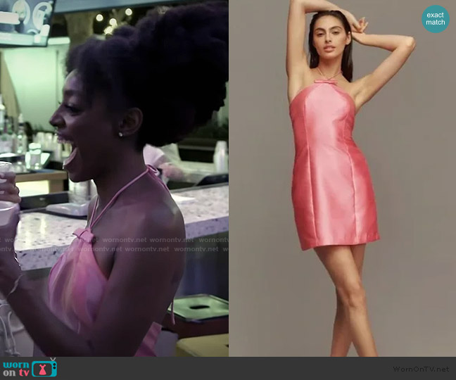 Anthropologie Hutch bow halter slim mini dress Medium in pink worn by Venita Aspen on Southern Charm