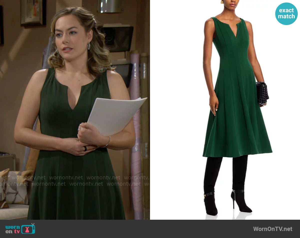 Aqua Crepe V Neck Midi Dress in Dark Green worn by Hope Logan (Annika Noelle) on The Bold and the Beautiful