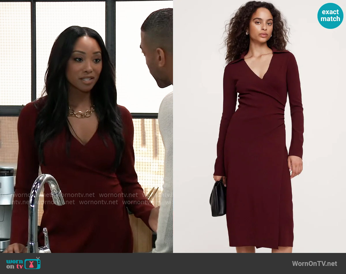 Banana Republic Polo Wrap Sweater Dress in Red Cherry Jam worn by Jordan Ashford (Tanisha Mariko Harper) on General Hospital