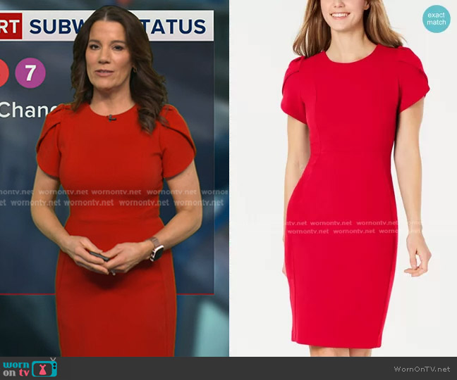 Calvin Klein Tulip-Sleeve Sheath Dress in Red worn by Heather O’Rourke on Good Morning America