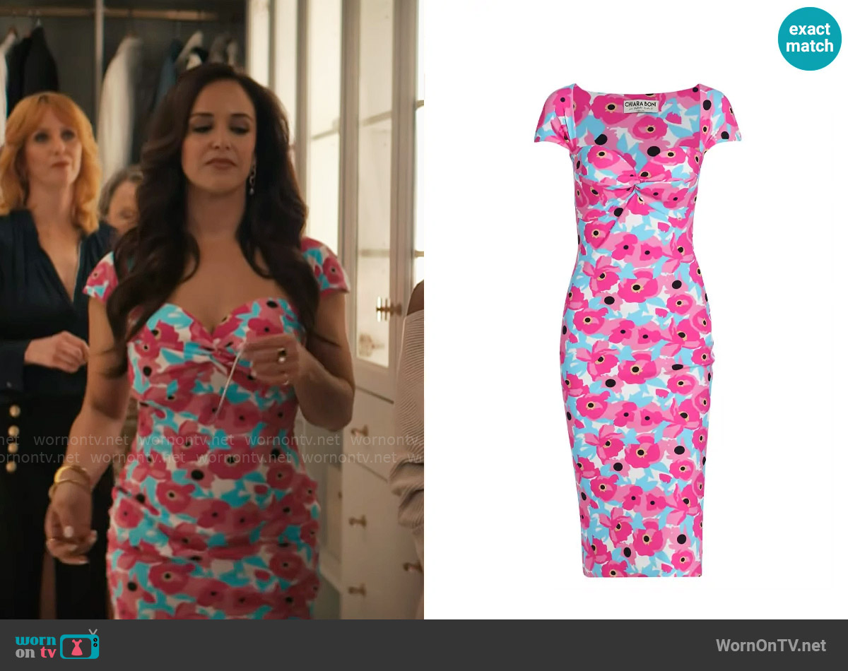 Chiara Boni La Petite Robe Battiata Sweetheart Floral Midi-Dress in Candy Blossom worn by Birdie (Melissa Fumero) on Grosse Pointe Garden Society