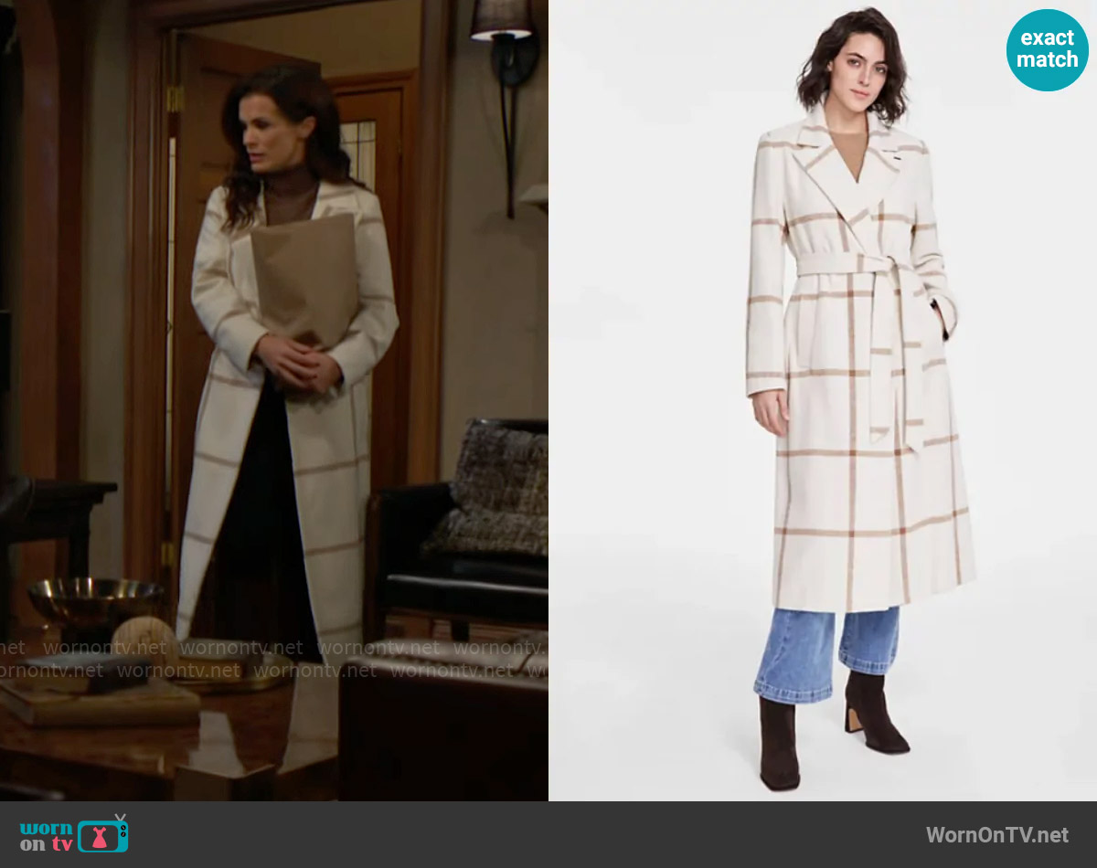 DKNY Notched-Collar Double-Breasted Wrap Coat in Cream Plaid worn by Chelsea Lawson (Melissa Claire Egan) on The Young and the Restless