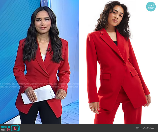 Extro & Vert Asymmetric Button Front Blazer in red worn by Emilie Ikeda on Today