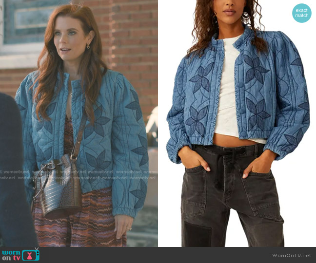 Free People Quinn Quilted Cotton Denim Jacket in Indigo Combo worn by Maddie Townsend (JoAnna Garcia Swisher) on Sweet Magnolias