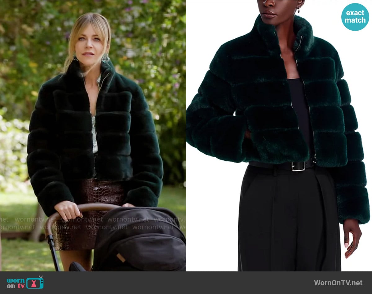 Generation Love Tala Faux Fur Bomber Jacket in Forest worn by Morgan Gillory (Kaitlin Olson) on High Potential