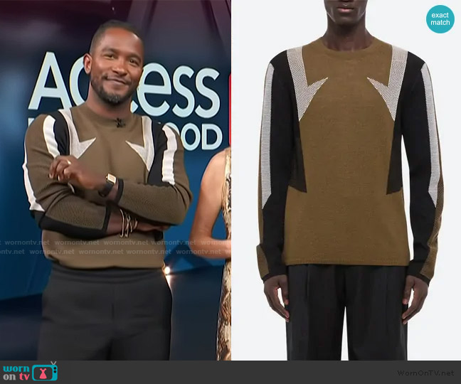 Helmut Lang Sport Mesh Inset Merino Wool Crewneck Sweater worn by Scott Evans on Access Hollywood
