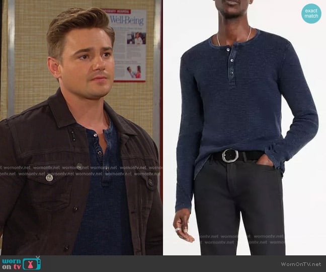 John Varvatos Memphis Waffle Long Sleeve Henley in Navy worn by Johnny DiMera (Carson Boatman) on Days of our Lives