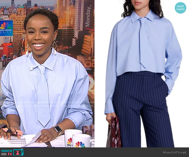 Maje Cevatte Tie Shirt in Blue worn by Zinhle Essamuah on NBC News Daily
