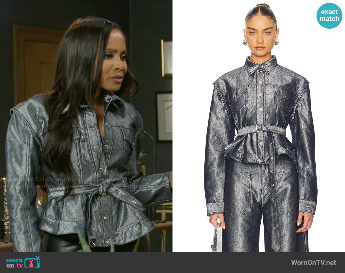 Marques' Almeida Silver Denim Cinched Jacket With Belt worn by Hayley Lawson (Marquita Goings) on Beyond the Gates