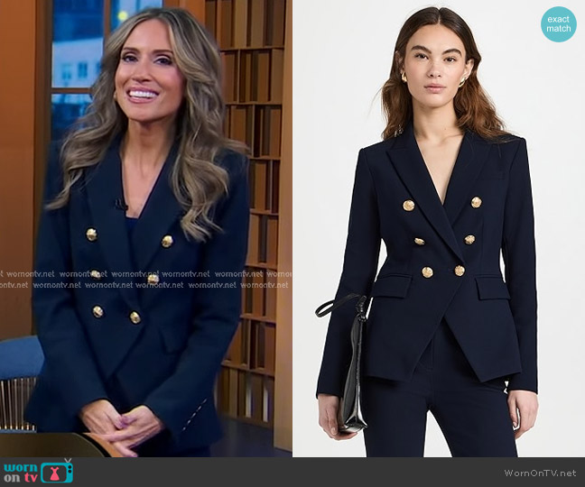 Rhiannon's navy blazer with gold buttons on Good WornOnTV