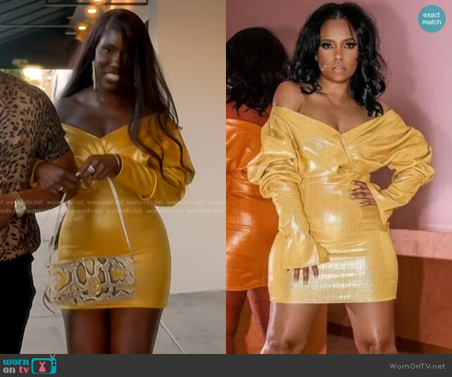 Nichole Lynel Metallic Off the Shoulder Long Sleeve Minidress worn by Bozoma Saint John on The Real Housewives of Beverly Hills