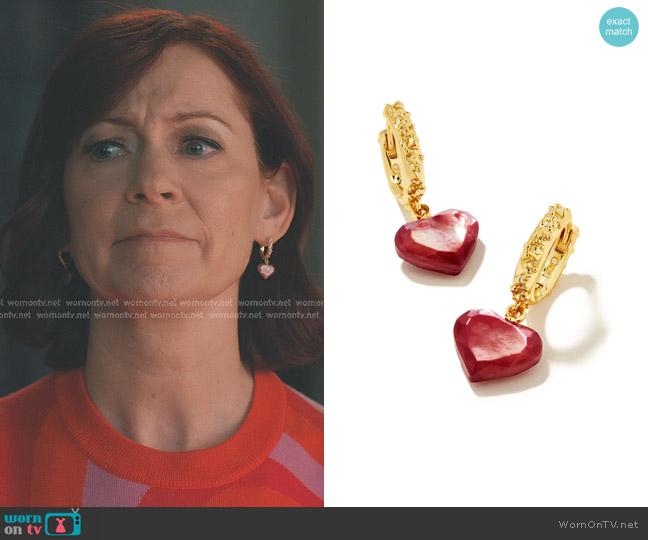 Kendra Scott Penny Gold Heart Huggie Earrings in Mulberry Mother-of Pearl worn by Elsbeth Tascioni (Carrie Preston) on Elsbeth