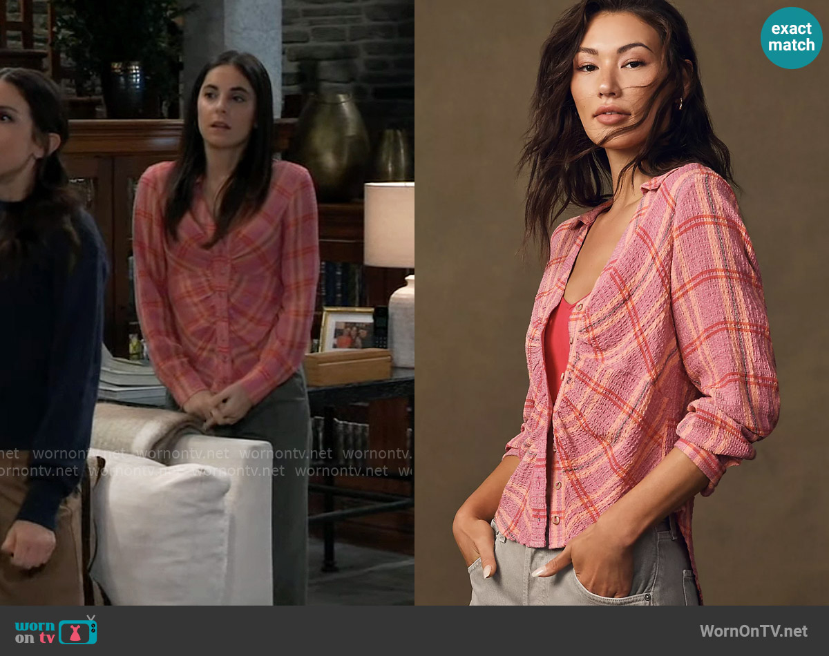 Pilcro Ruched Deep-V Plaid Buttondown worn by Molly Lansing-Davis (Kristen Vaganos) on General Hospital