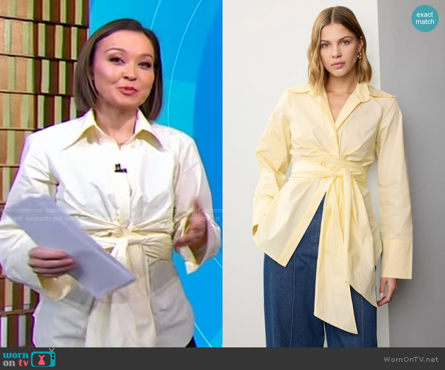 Ronny Kobo x RTR Wrap Button Down Top worn by Eva Pilgrim on Good Morning America