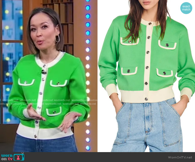 Sandro Contrast-Trim Buttoned Cardigan worn by Eva Pilgrim on Good Morning America